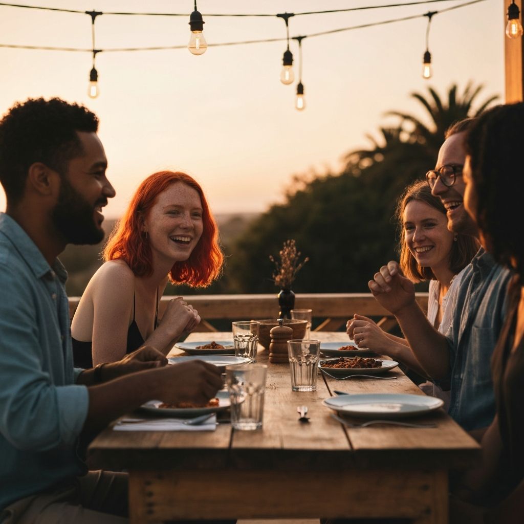 Small group of travelers sharing a meal together