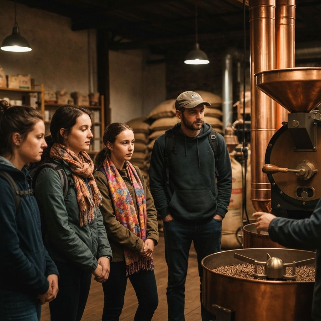 Travelers in a coffee roastery